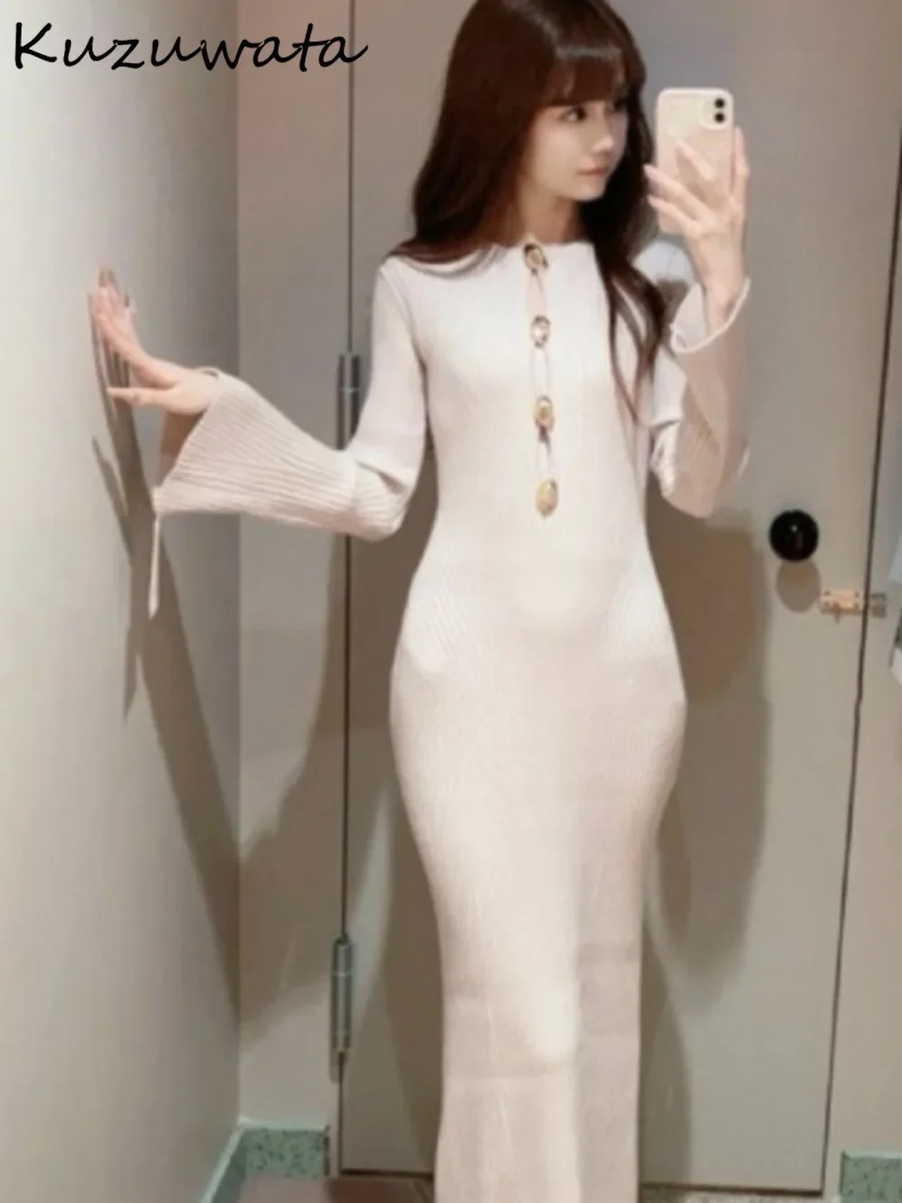 Kuzuwata Feminine Slim Fit O Neck Flare Sleeve Mujer Knit Button Mermaid Mid-length Robe Japan Minority Hong Kong Style Dress