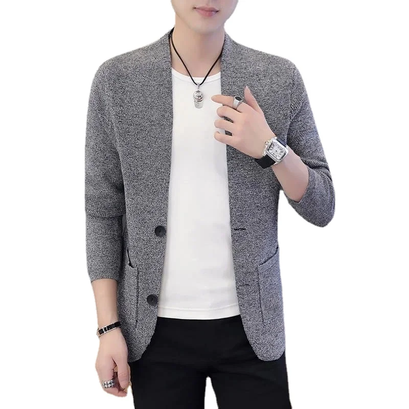 

Spring Autumn Korean Trend Handsome Casual Male Tops Fashion All Match Keep Warm Knitted Cardigan Solid Color Chic Jacket Men