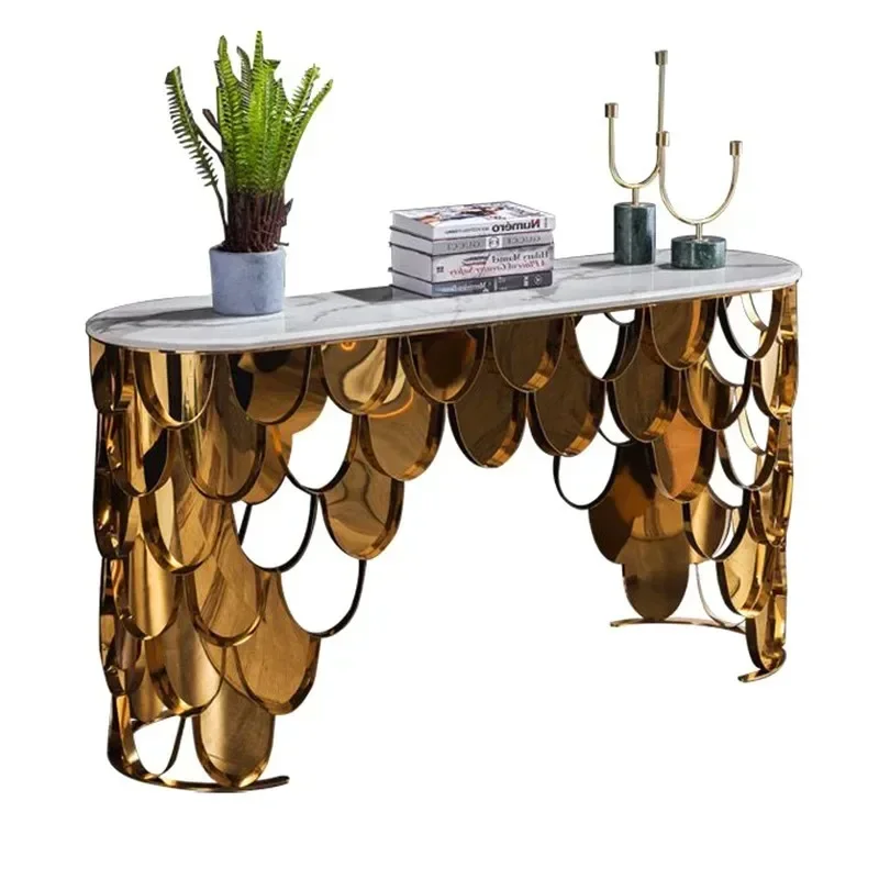 

Simple modern living room art end view table marble special-shaped wall entry light luxury stainless steel fish scale