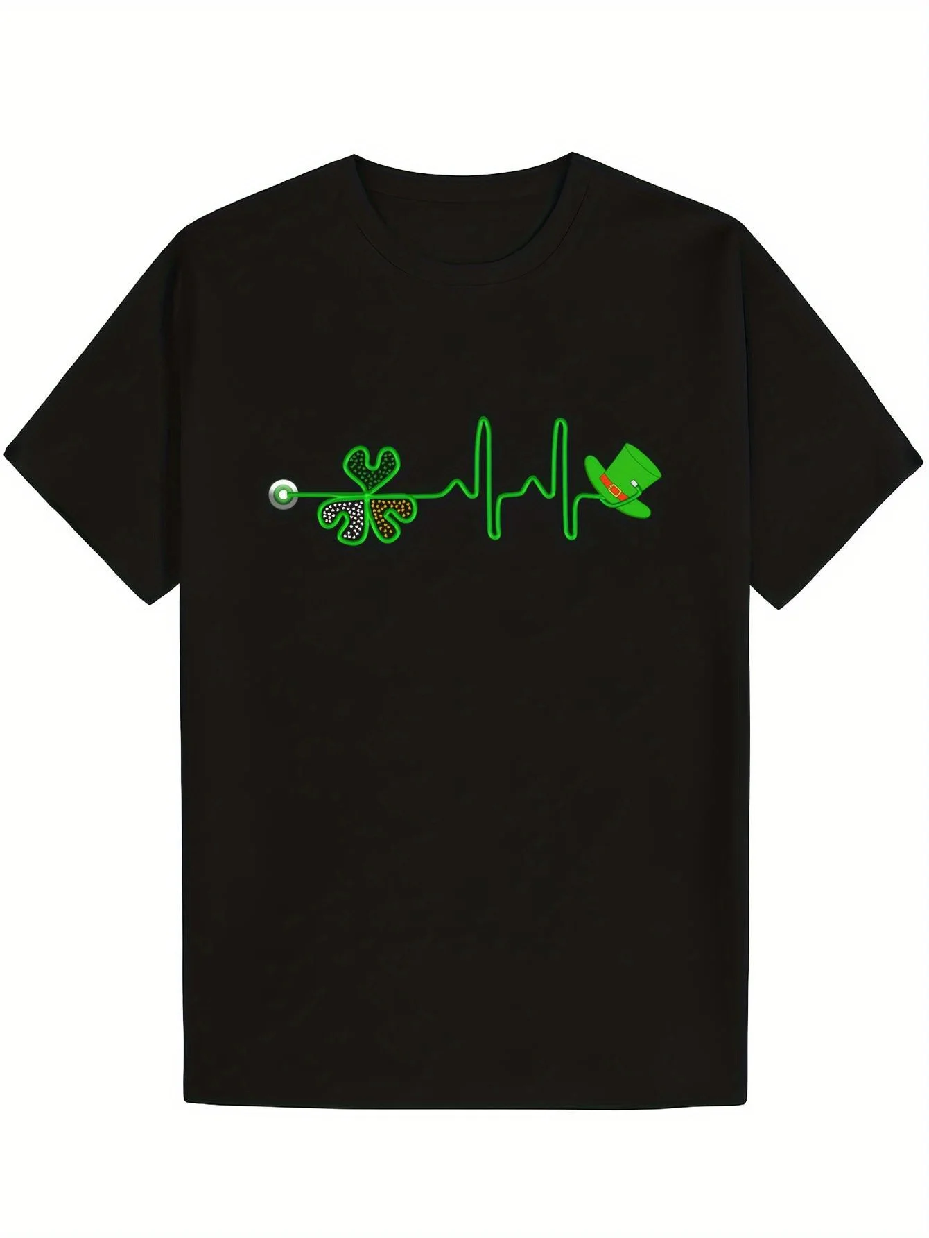 

St Patricks Day Heartbeat Shamrock Leprechaun Hat Men's Graphic T-Shirt Casual Short Sleeve Cotton Tee