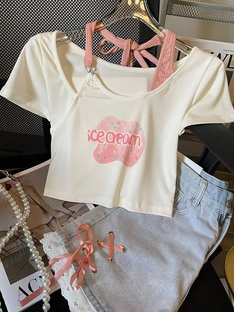 Short Sleeve T-shirts Womens Cotton Feminine Comfortable Patchwork Relaxed Fit Sweet Japanese Floral Summer Cute Casual Stylish