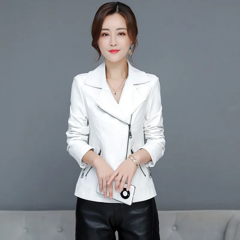 

M-3XL Women's Coats Spring Autumn New Fashion Casual Tops Lapels with Pocket Slim Short Coat Cuff Zipper Design Leather Jacket