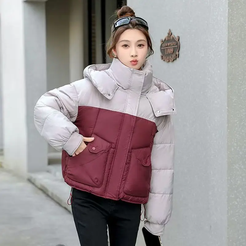 New Thickened Hooded Down In Autumn Winter Of 2024 Cotton-padded Jacket Women's Loose Slim Fashion Contrast Stitching Bread Coat