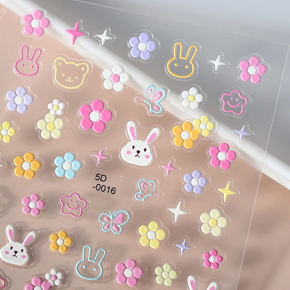 1Pcs 5D Embossed Flower/Butterfly Nail Art Stickers Floral/Letter//Rabbit/Strawberry Self-adhesive Decals Cute Manicure Slider #