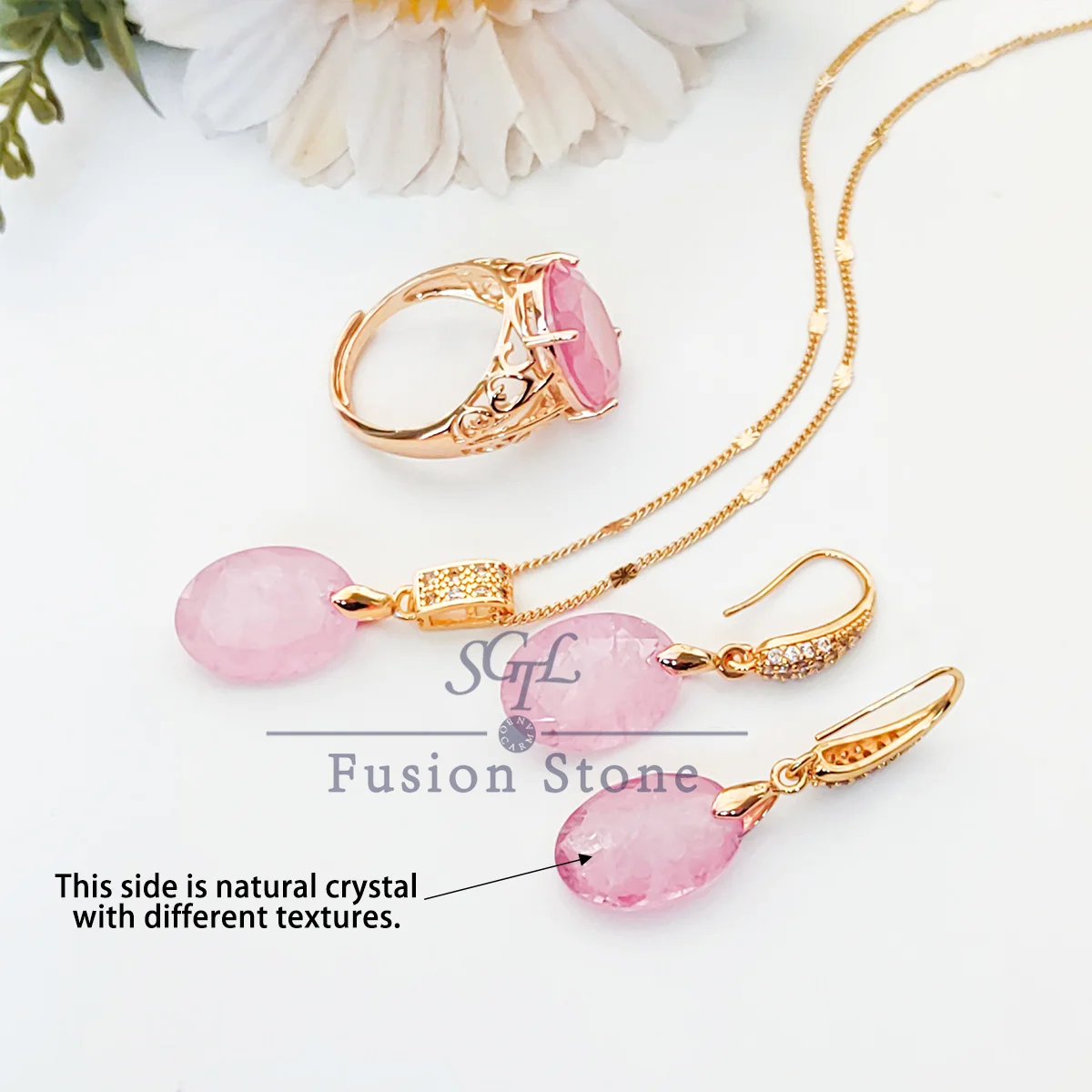 

L21 pink oval Fusion gemstone Copper ring pendant earrings three-piece set Natural texture Jewelry Gift for women simple classic