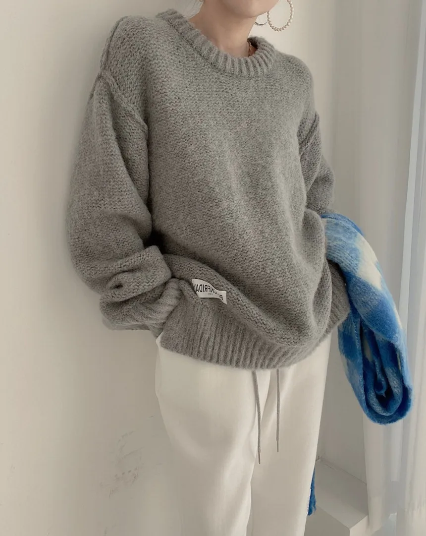 여성용 가을 겨울 캔디 컬러 스웨터 풀오버 루즈핏 오버사이즈 스웨터 레터 니트 풀오버 O넥