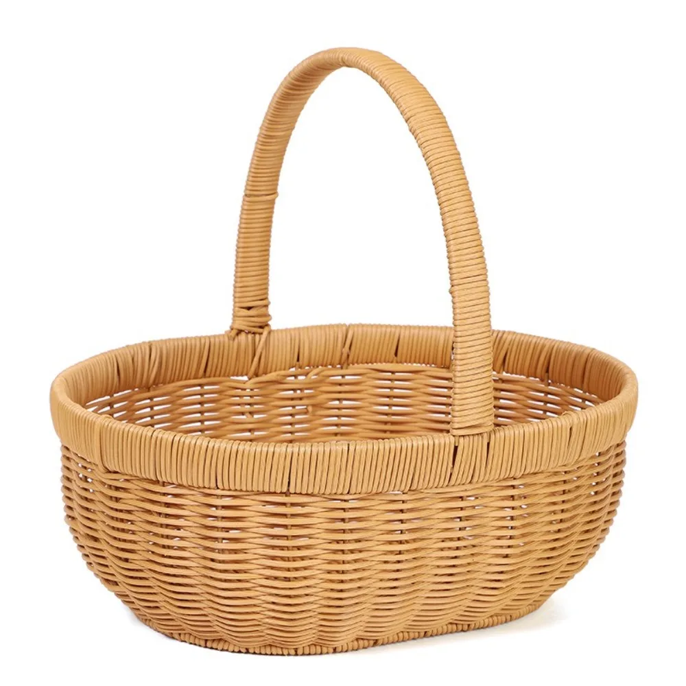 Handmade Imitation Rattan Fruit Basket Durable Large Capacity Bamboo Flower Basket Multifunction Long Handle