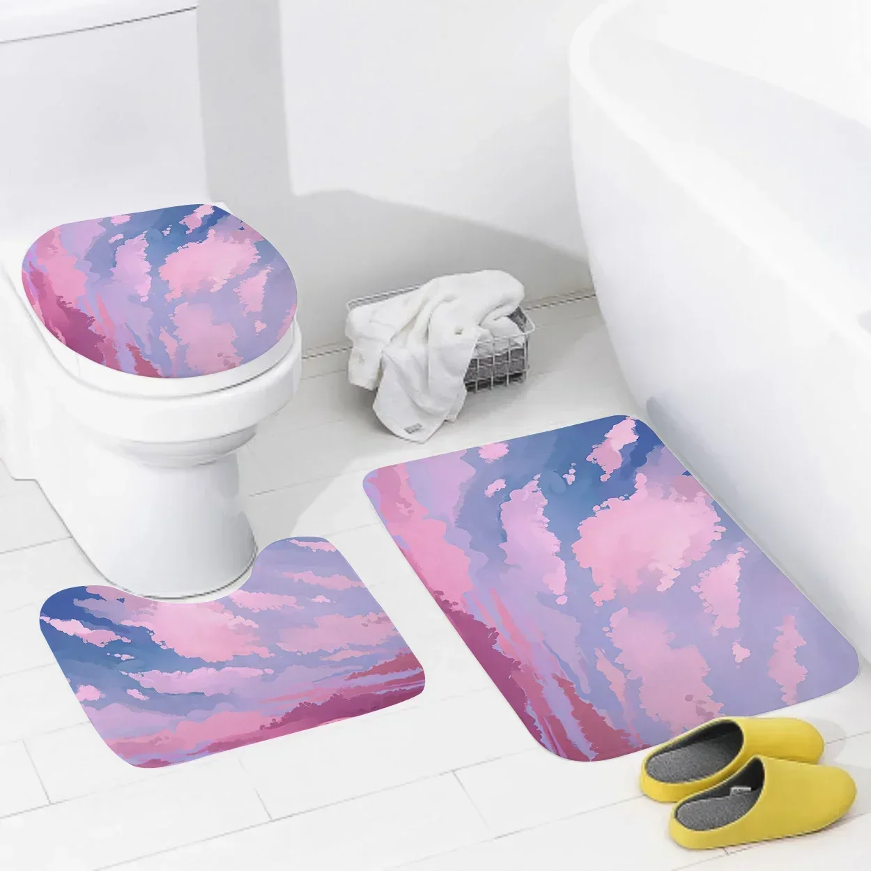 Colorful Sky Cloud Design Bathroom 3 Piece Set Mat Warm Home Flannel Decoration and Accessories Floor Rugs Toilet Cover 40x60 Cm