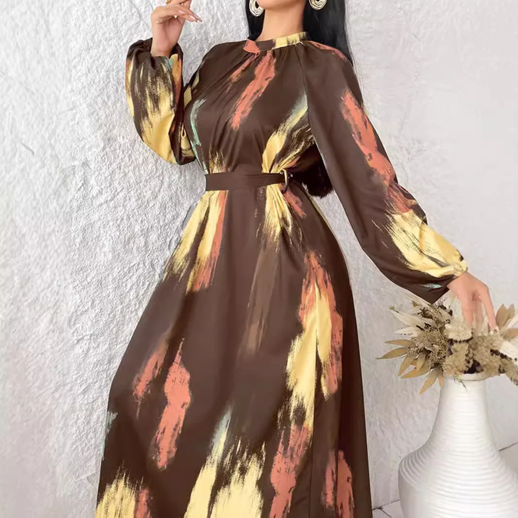 autumn Elegant Casual half high collar Belt robe Loose Holiday Beach Dresses long Sleeve Boho Maxi Dress Women Party Vestidos