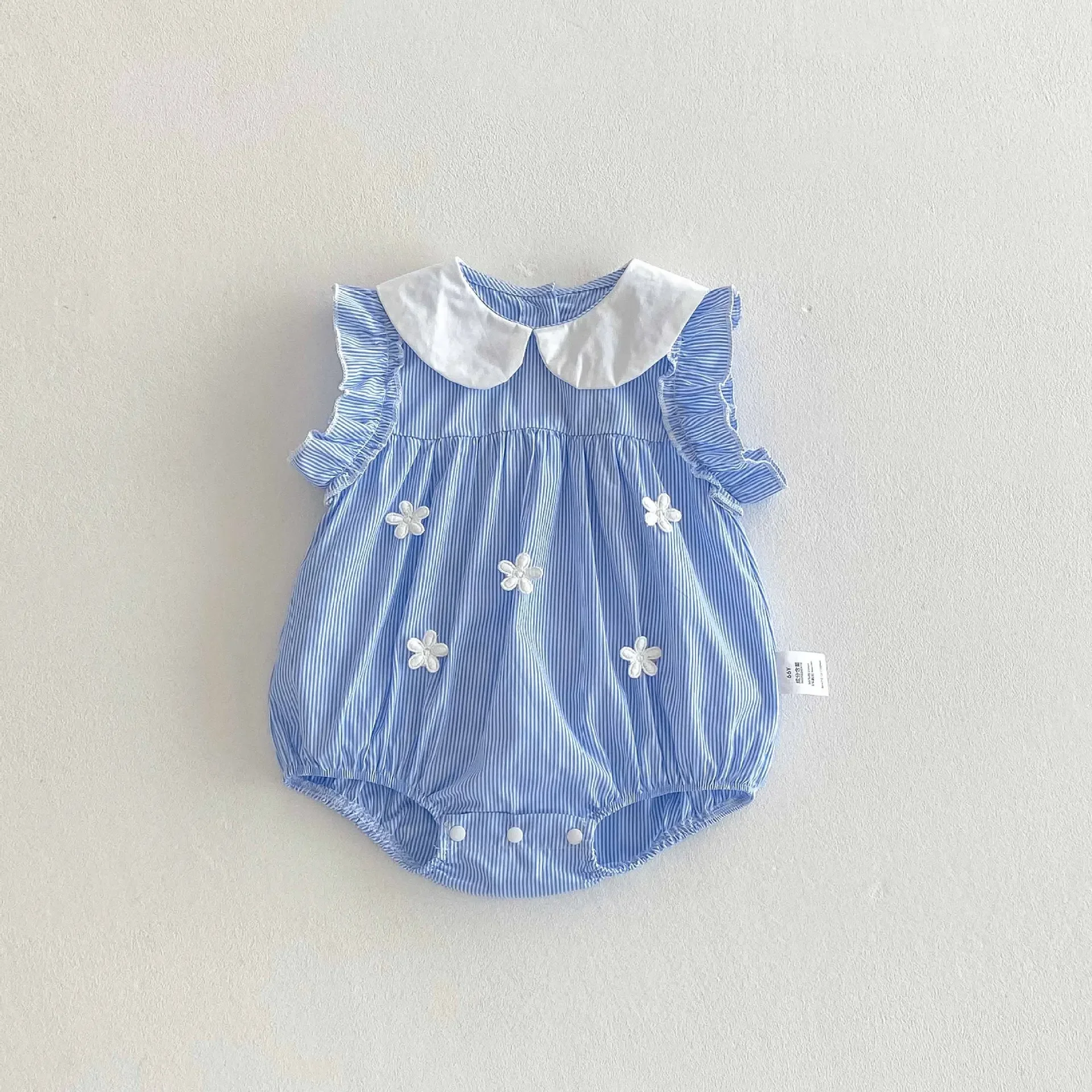 

Baby Girl 0-24M Summer Sleeveless Cotton Blue Romper with White Peter Pan Collar Star Applique Fresh Sweet Bodysuit
