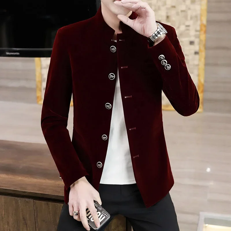 HOO 2024 New Men's Autumn Stand Collar blazer  Youth Velveteen Multi-Button    blazers