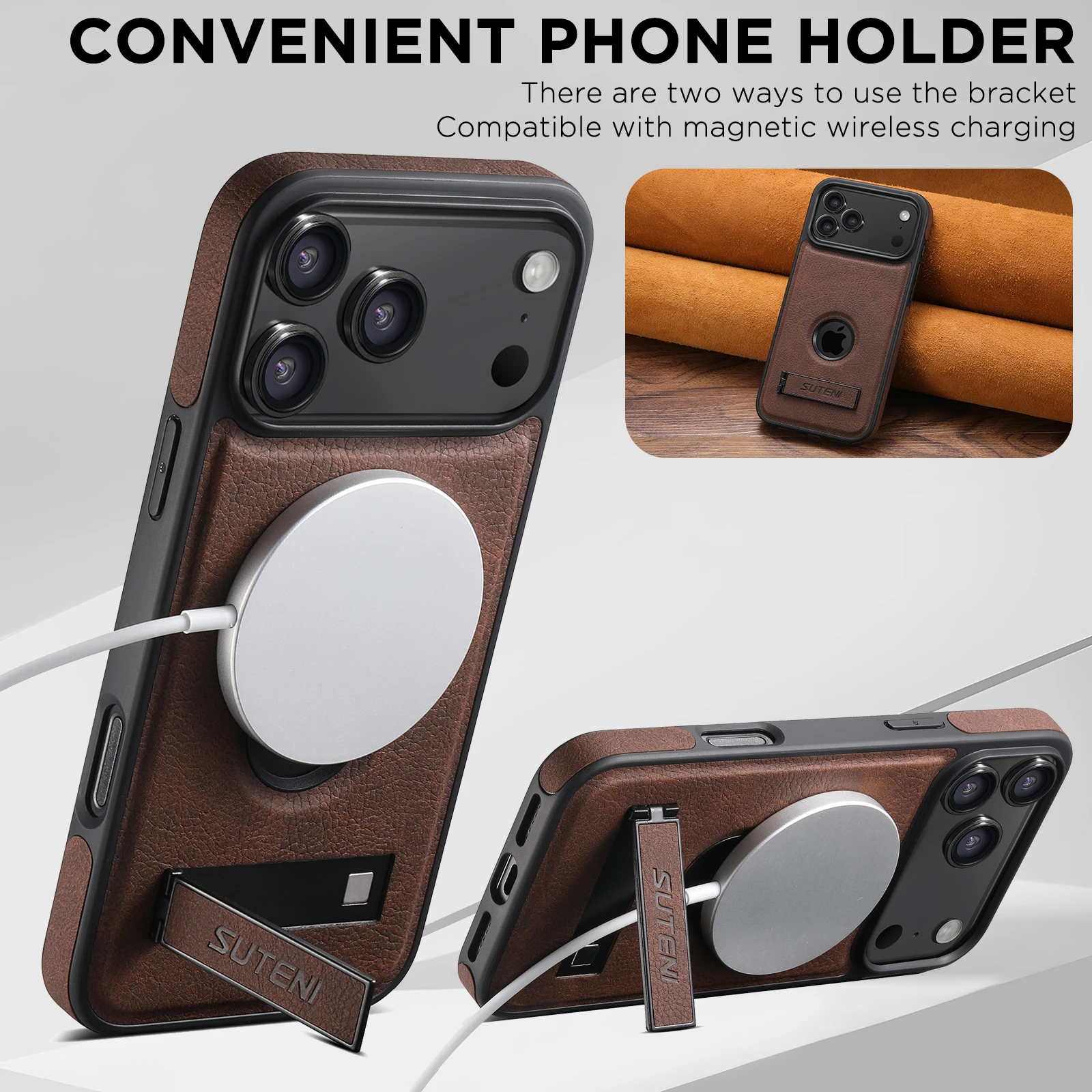 Luksusowe etui na telefon z imitacji skóry do iPhone 18 17 Pro Max 16 15 14 13 12, matowe w dotyku, z funkcją podstawki, magnetyczne, kompatybilne z bezprzewodowym ładowaniem. — zdjęcie produktu 5