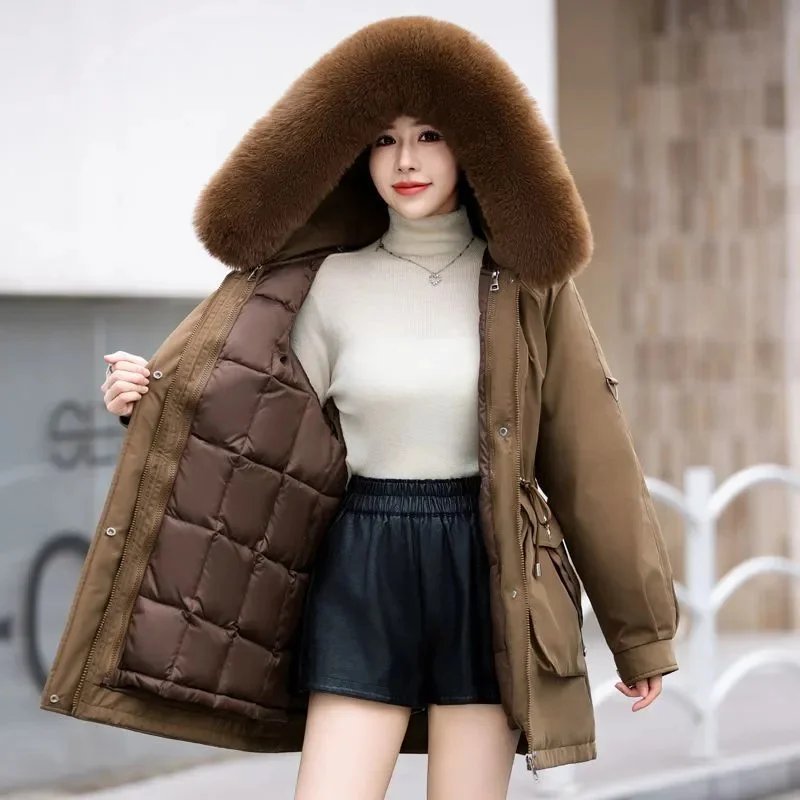 Women's Detachable Parker 2024 Winter New Plush Thicken Hooded Coat Female Oversized Warm Cotton Jacket Long Casual Overcoat