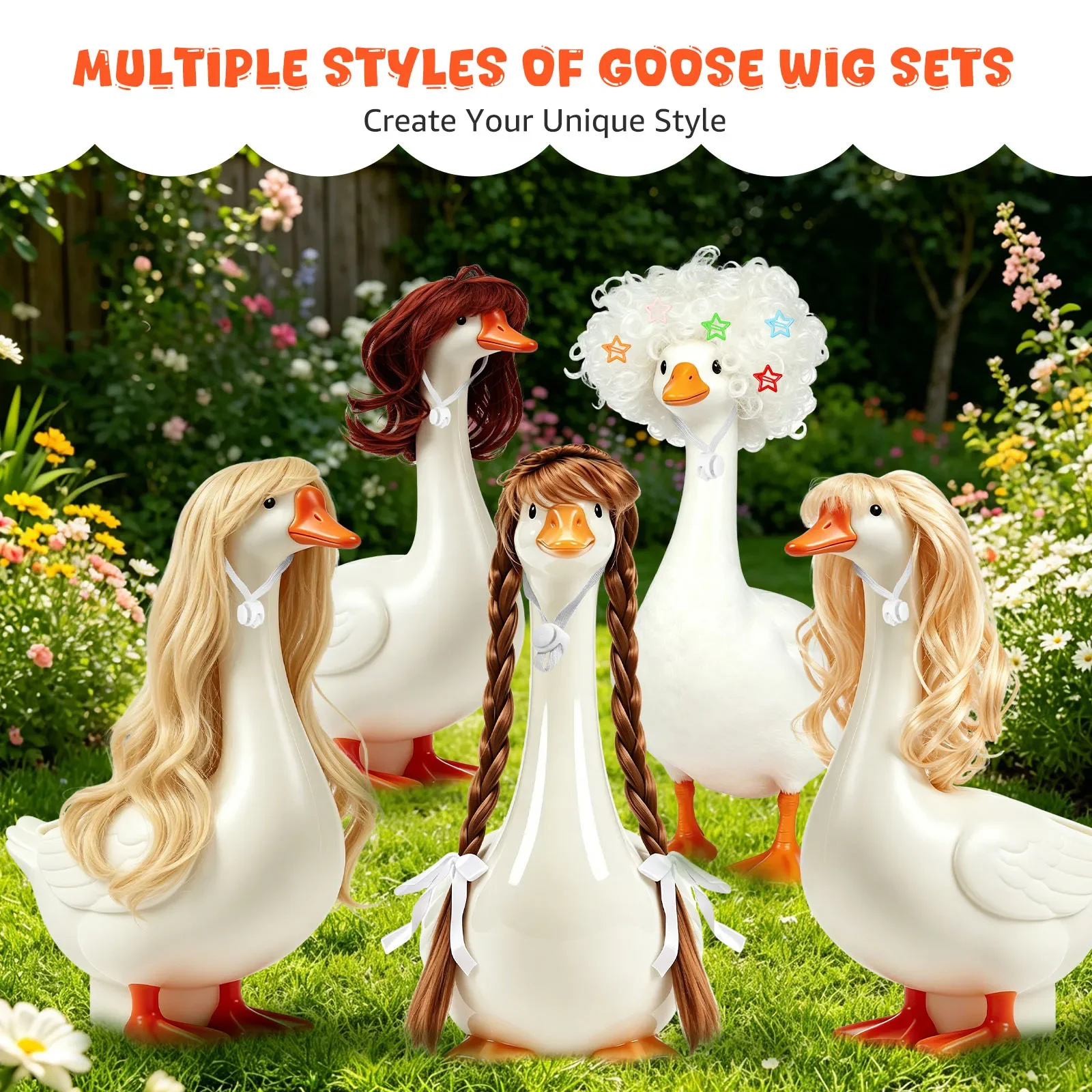 3/4/5Pcs Porch Goose Wig for 17 Inch and 23 Inch Statue Universal Lawn Goose Wig with Hair Clip Outdoor Statue Decorative