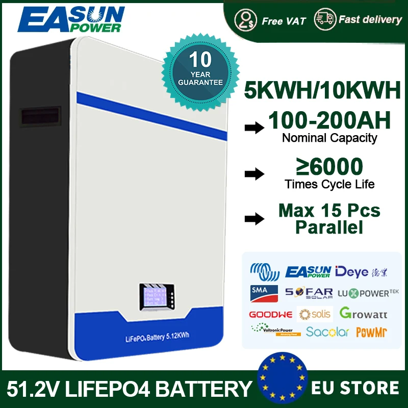 EASUN POWER Powerwall 48v Lifepo4 Battery 51.2v 200Ah 10kwh Lithium Li-ion 16S Parallel 15P 6000+ Cycle 485 CAN BMS No Tax