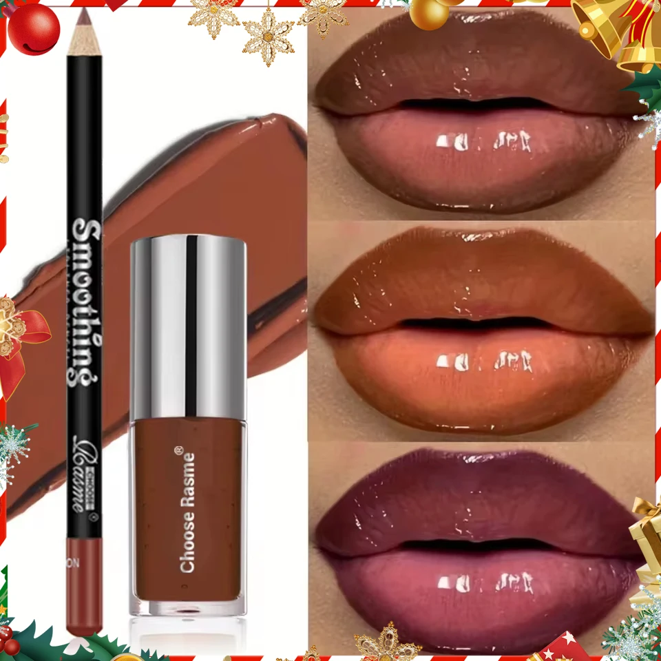 Lip Liner Pencil & Glossy Lip Gloss Set, High Pigment Shiny, Long‑Wearing Lip Combo for Christmas Holiday Party Makeup
