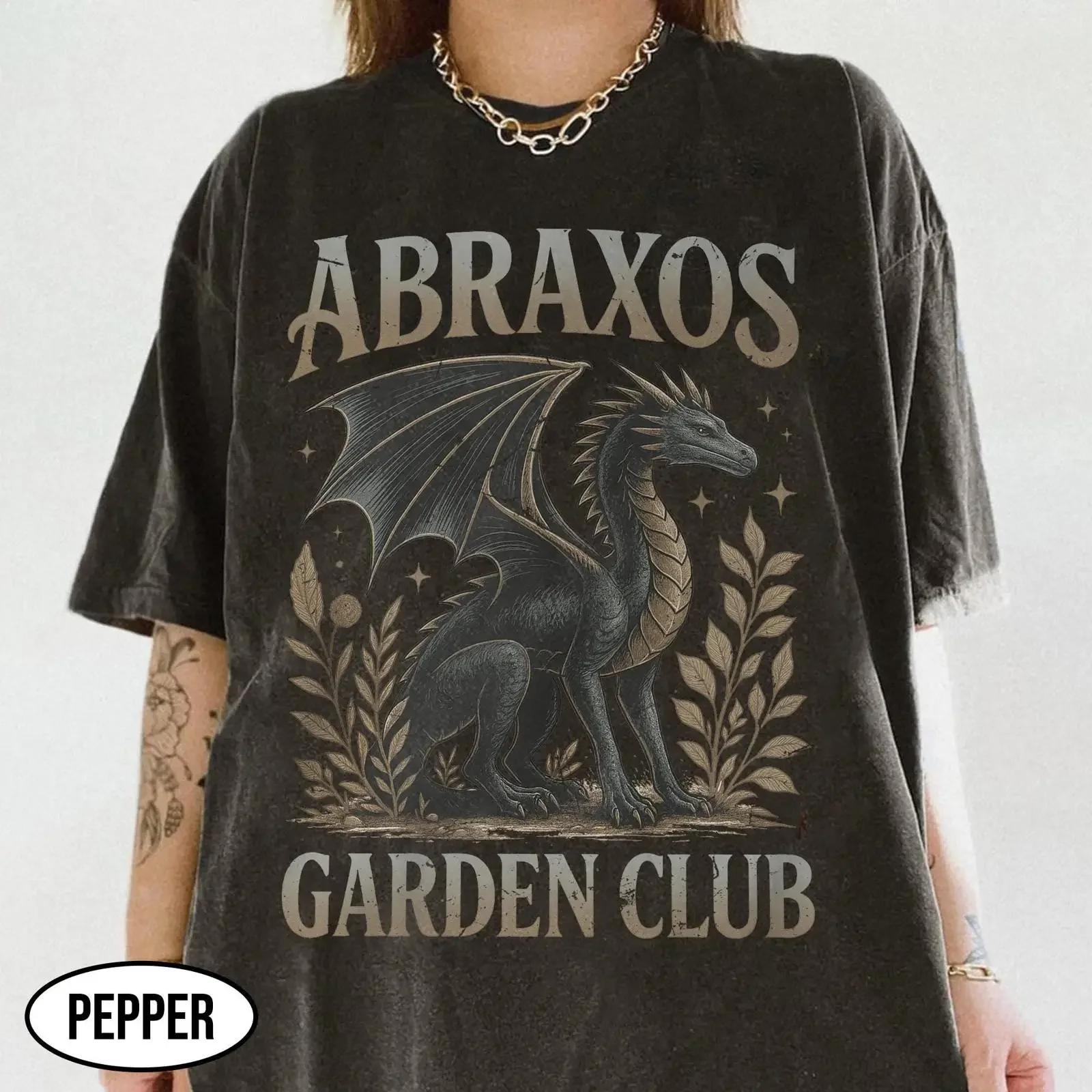 Abraxos Flower Garden Club T Shirt Throne Of Glass Black Dragon Lover vintage Washed fashion Stretched Versatile
