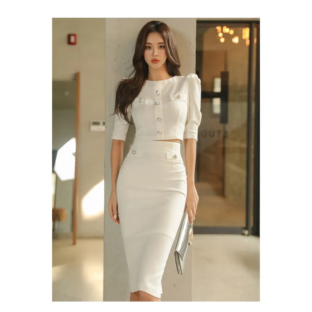 

White 2 Pieces Set Women Hot Sale Spring Short Tops + High Waist Pencil Skirts Casual Simple Office Lady Skirt Suit