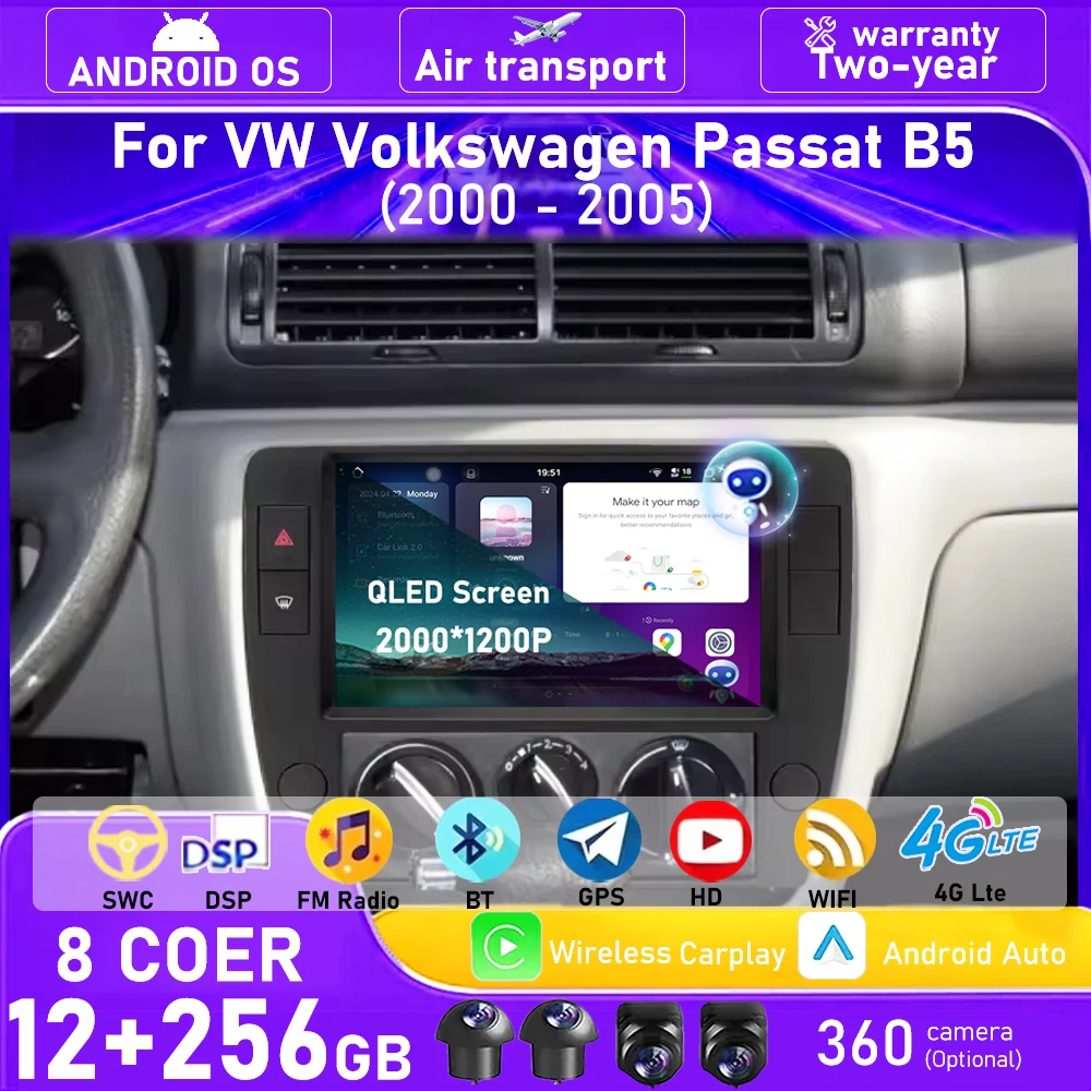 

9 Inch For VW Volkswagen Passat B5 2000 2001 2002 2003 - 2005 Android 16 Auto Car Radio Multimedia Video Player Carplay 4G WIFI