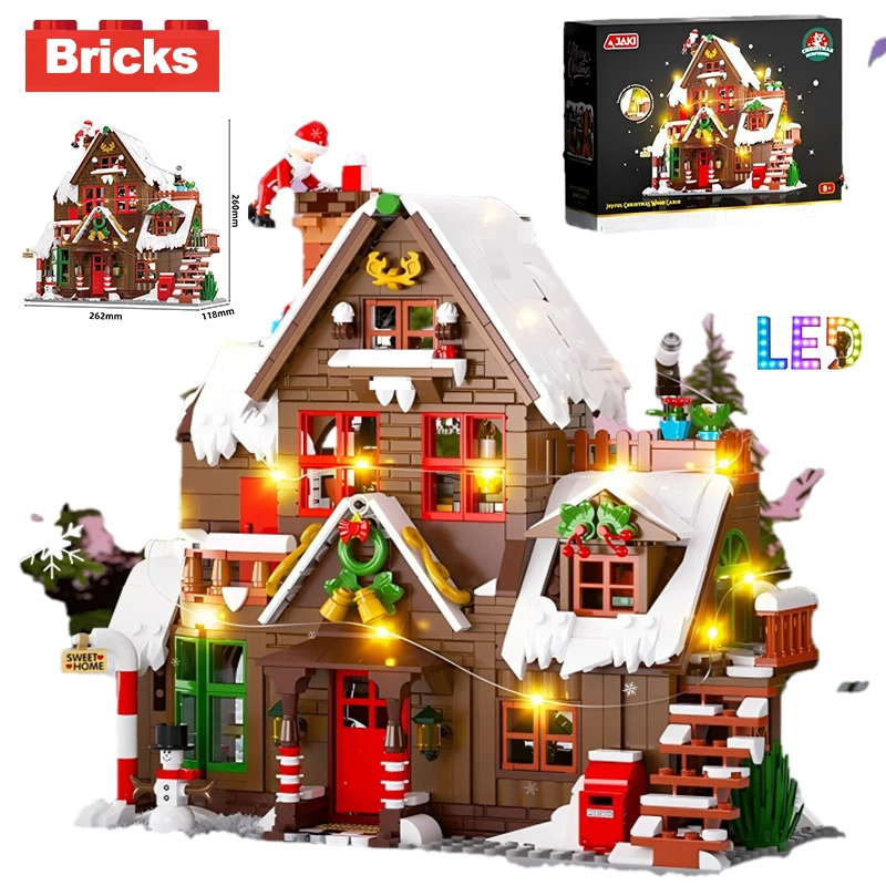 

Creative Christmas Log Cabin Building Blocks with LED Lights MOC Modular House Model Bricks Christmas for Adults Kids Toys Gift