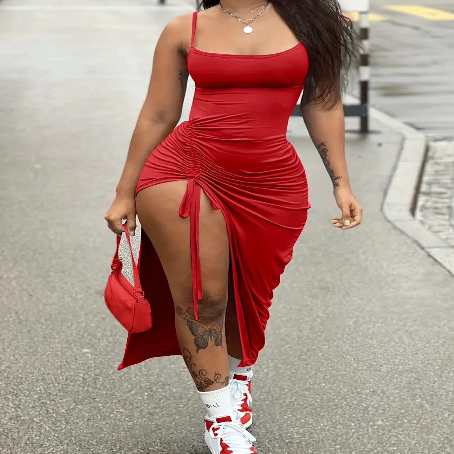 

Drawstring Bodycon Cami Dress, Sexy Split Spaghetti Strap Dress, Women's Clothing