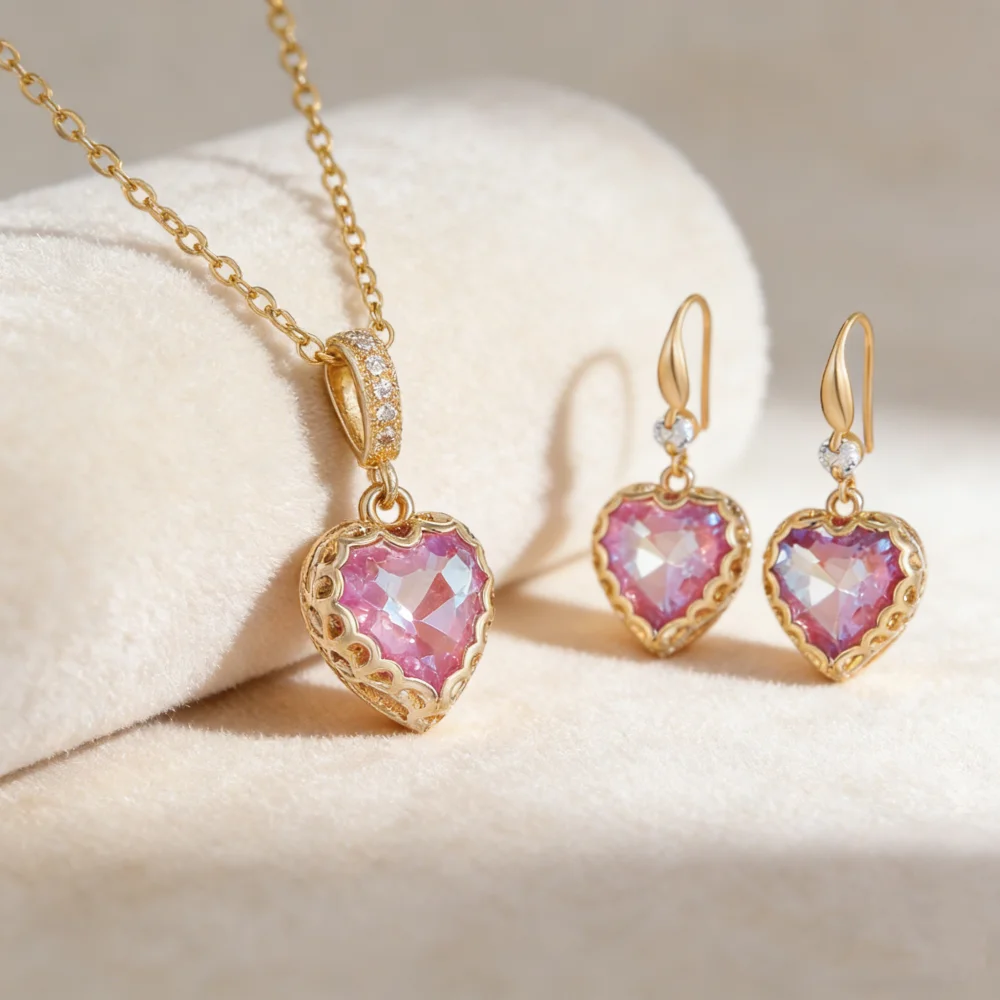 Charm Purple Crystal Heart Drop Dangle Earrings Clavicle Necklaces For Women Bridal Jewelry Sets Valentine Day Mother Plot Gifts