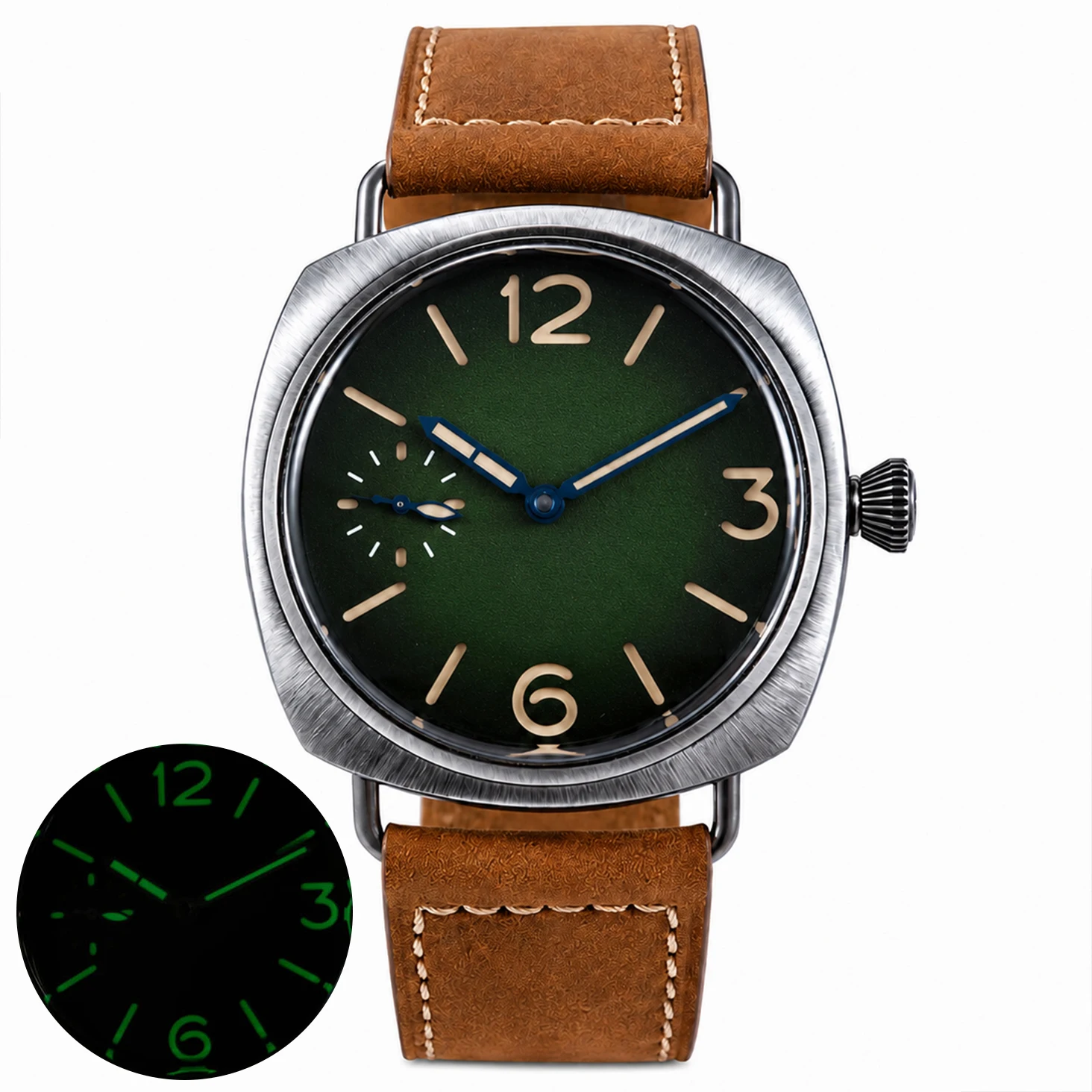 Herren 44mm Handaufzug-Mechanikuhr Kissen-Gehäuse Sandwich-Zifferblatt Leuchtend Kleine-Sekunden-Subdial Retro-Militär-Lederarmband