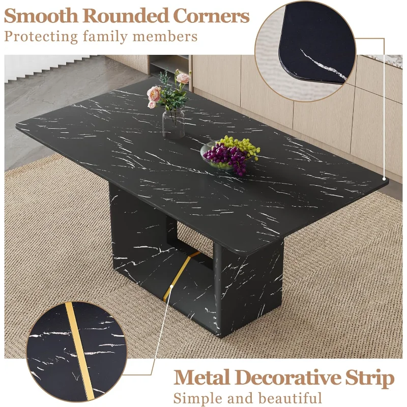 Dining Table Set for 6, 63'' Kitchen Table and Chairs for 6, Black Faux Marble Table and 6 PU Leather Modern Chairs Set