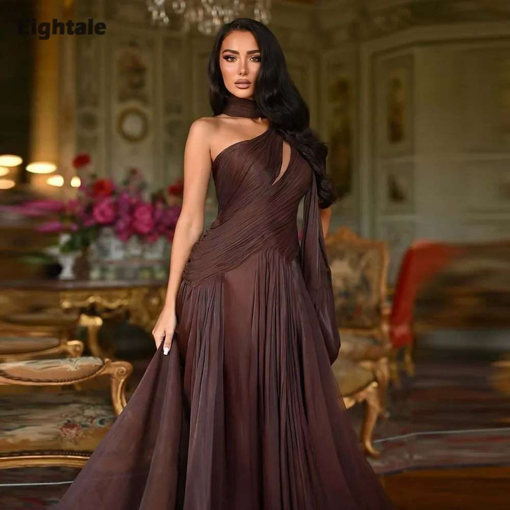 

Eightale Arabic Evening Dress One Shoulder Pleats Crepe Brown Customized Muslim Long Sleeves Prom Wedding Party Gown