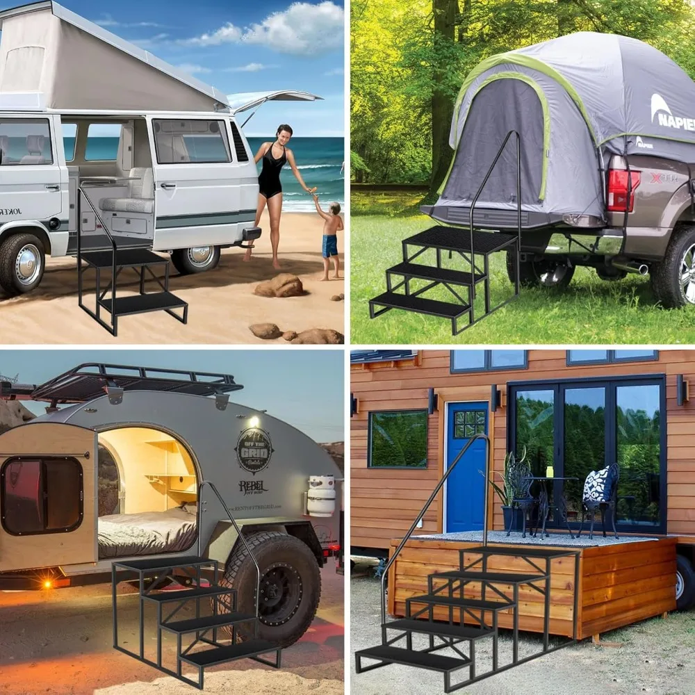

4 Step RV Stairs with 2 Handrails Update 3.0 Outdoor RV Steps with Anti-Slip Pedals｜Outdoor Steps
