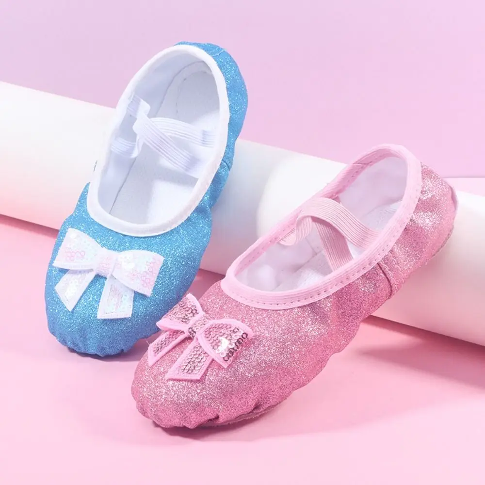 1pair Leather Girls' Dancing Shoes Bow Knot Rainbow Embroidered Lace Bow Shoes Color Sequins Lovely Split-Sole Flats Dance Class