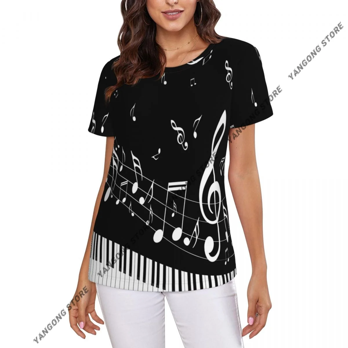 Women Short Sleeve Top Abstract Piano Keys With Musical Notes T-shirt Fashion Summer Female Tops Loose Round Neck T Shirt