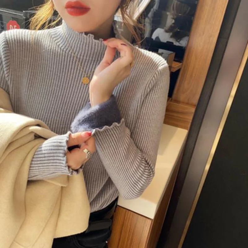 Sweaters Fleece-lined Knitted Sweater Women Pullovers New Long Sleeve Mock Neck Knit Sweater Pullover Women Tops Knitwears Q2163