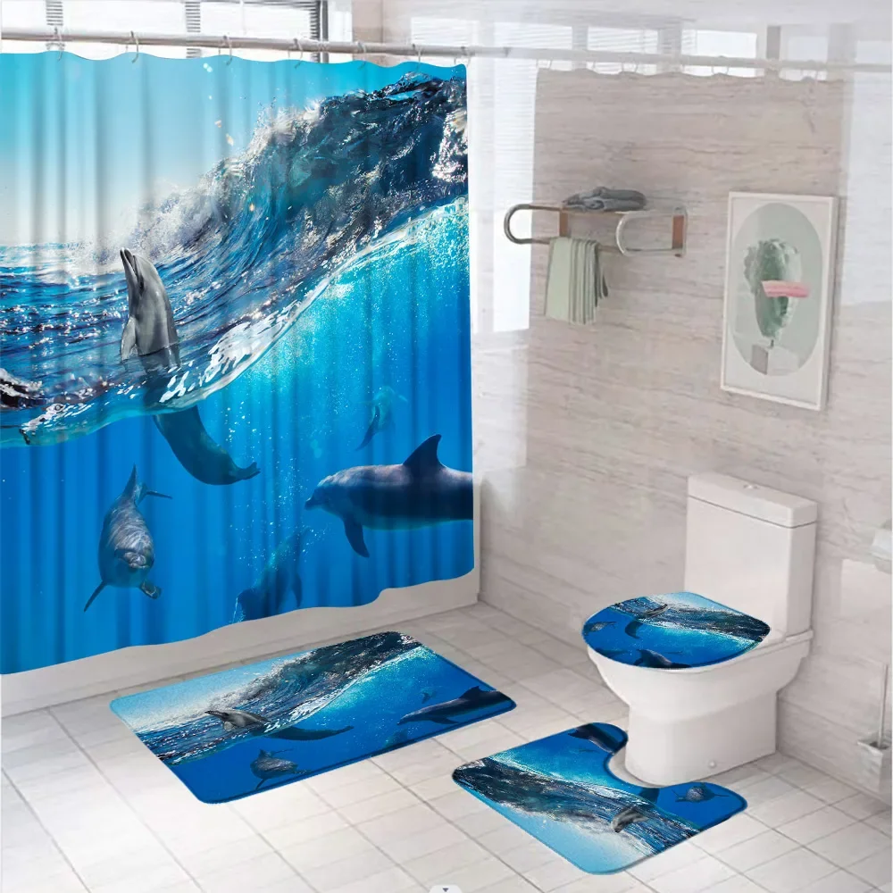 3D Dolphin Turtle Starfish Shower Curtain Sets Underwater Tropical Fish Ocean Sea Bathroom Curtains Bath Mats Rug Toilet Covers