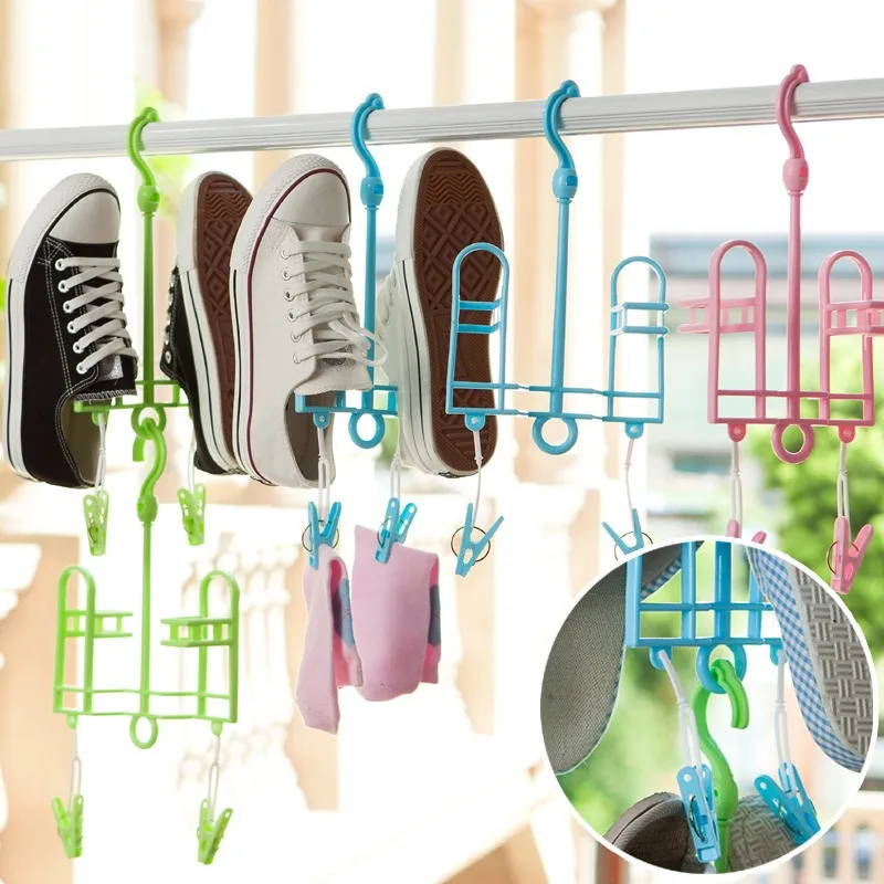 1PC Rotating Shoe Rack Outdoor Balcony Drying Artifact Plastic Small Storage Hanger with Clip Hanging