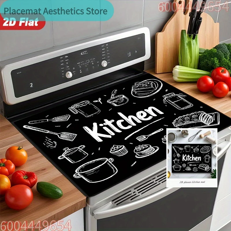 2D Kitchen Utensil Illustration Stove Mat – Heat & Scratch Resistant, Easy-Clean Cover for Induction,Ceramic & Electric Cooktops