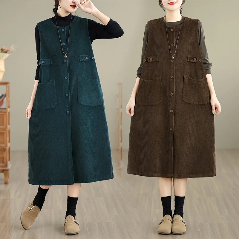 

Retro Color Corduroy Svel Dr Women's Mid-Length Open Cardigan Vest Skirt Pure Color Winter Thiened Casual Wear