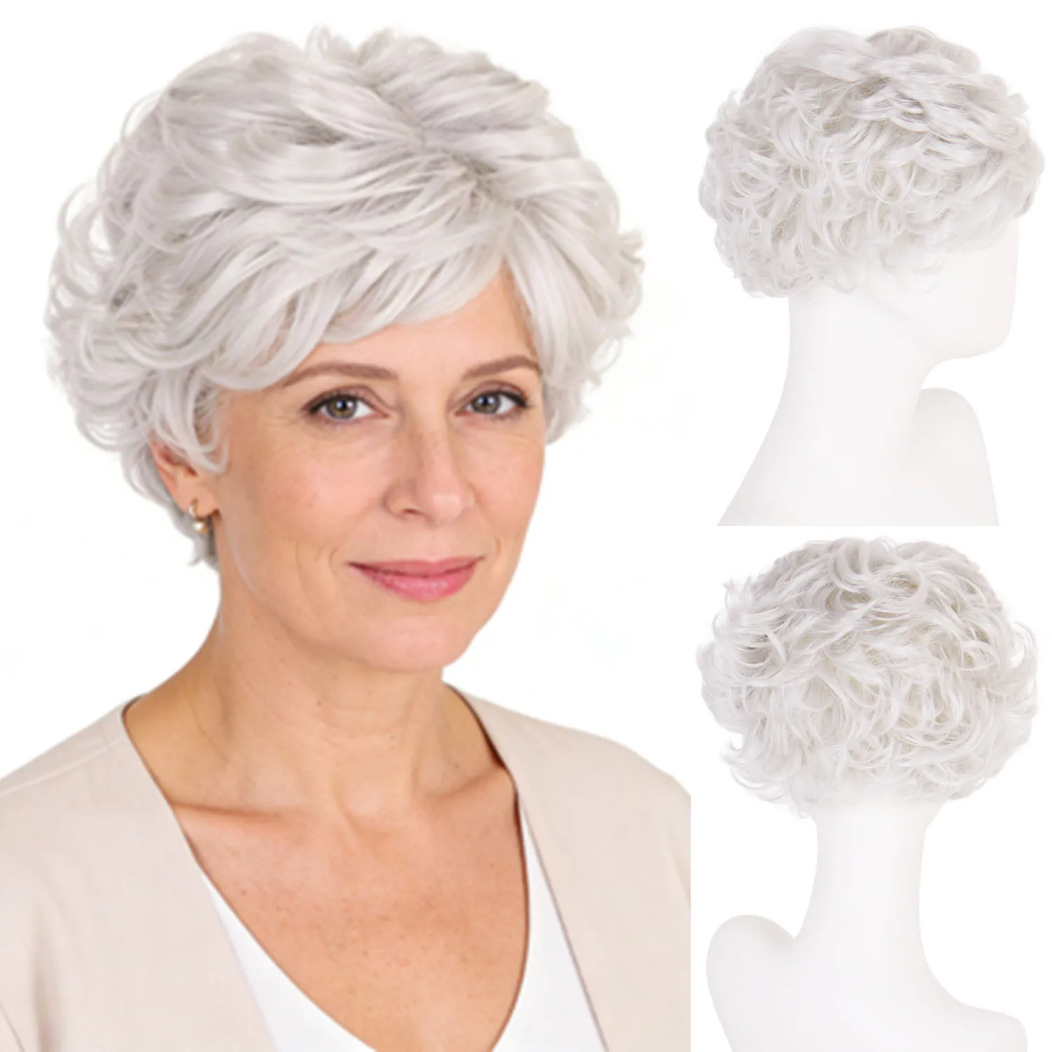 

Синтетический бело-серый парик для пожилых женщин, короткий кудрявый светло-серый парик с челкой, для повседневной носки, вечеринок, косплея, замена волос для бабушек