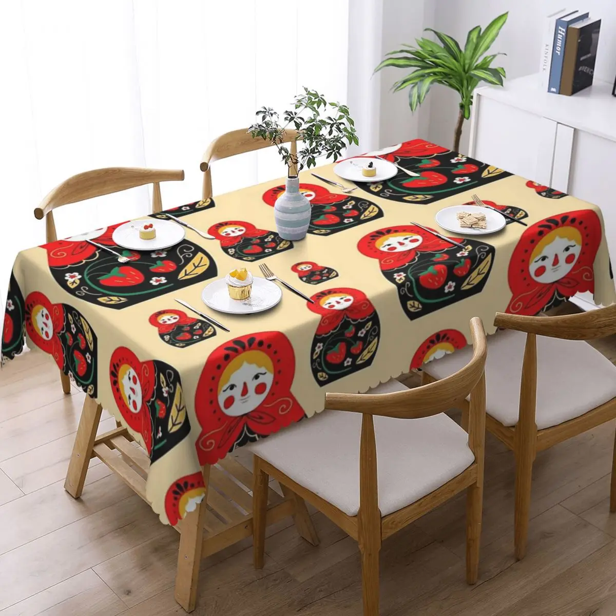 Matryoshka Red Pattern Custom Rectangular Tablecloth Waterproof Table Cover for Festival Party Decorations Table Cloth