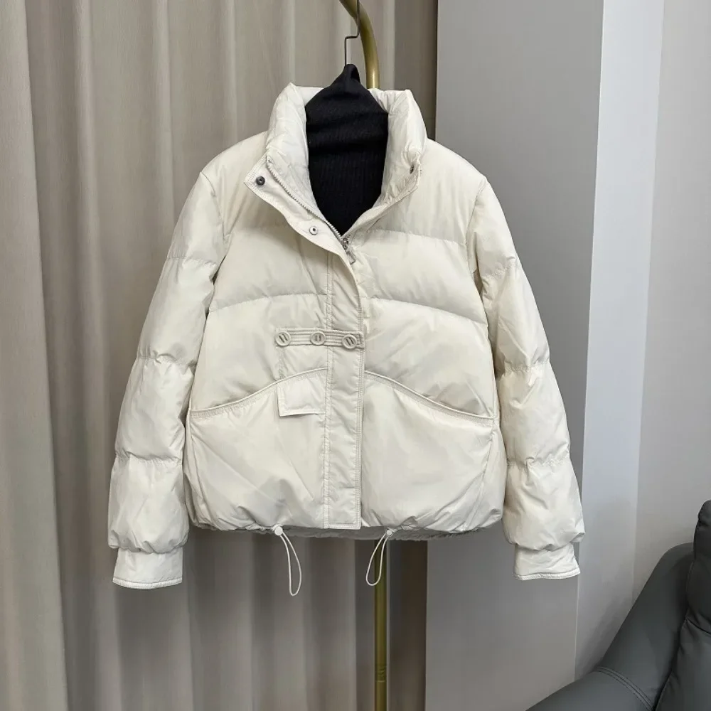 2024 New Winter Standing Neck Loose White Duck Down Warm Jacket Women Buttons Solid Color Warm Casual Puffer Bread Coat