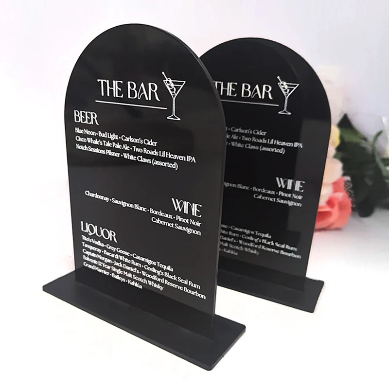 

Wedding Menu Signed Cocktail Signs, Signed Drinks Signs, Arched Black Acrylic Menus, Table Decorations