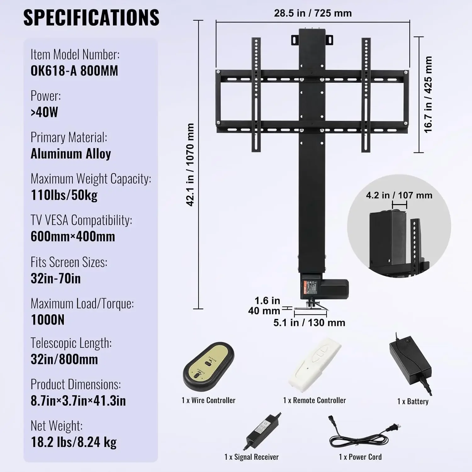 Comprimento do curso do elevador de TV motorizado 31 polegadas Suporte de TV motorizado adequado para elevador de TV máximo de 60 polegadas com controle remoto