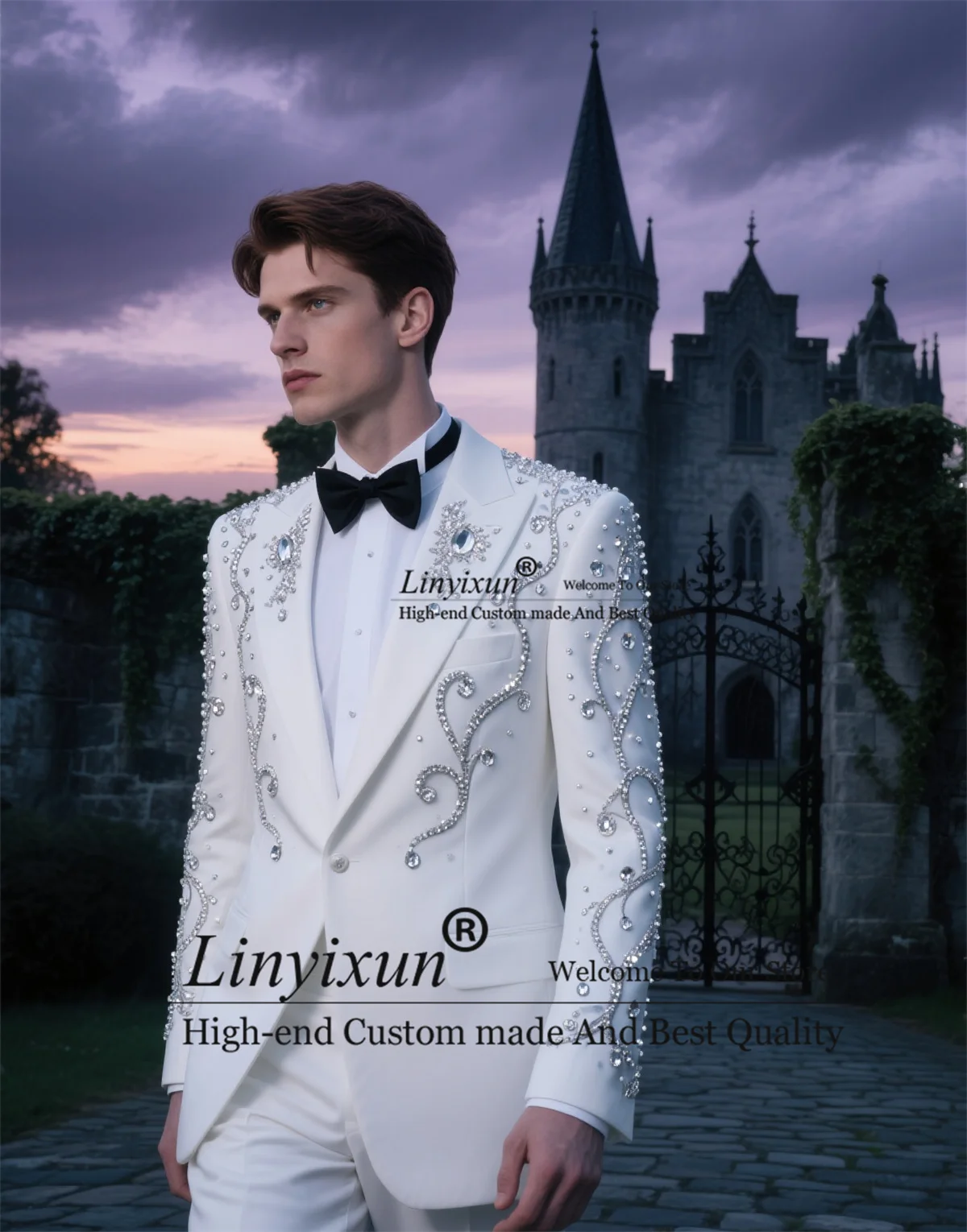 

Luxury Ornament Rhinestones Men Suits 2 Pieces Sets Groom Male Blazers Formal Ropa hombre Customized Slim Fit Wedding Tuxedos
