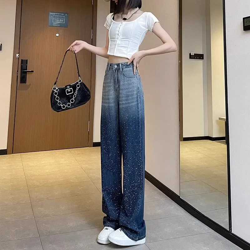 الماس الأزرق التدرج الجينز المرأة الصيف رقيقة تصميم عالية الخصر برشام ديكور بنطال ذو قصة أرجل واسعة فضفاض مستقيم أنبوب قطرة أسفل السراويل