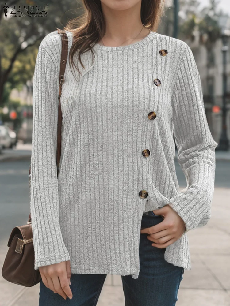 

ZANZEA Women Casual Brushed Ribbed T-shirts 2025 Spring Fall Long Sleeve O Neck Blouses Trendy Slit Hem Streetwear Blusas Mujer