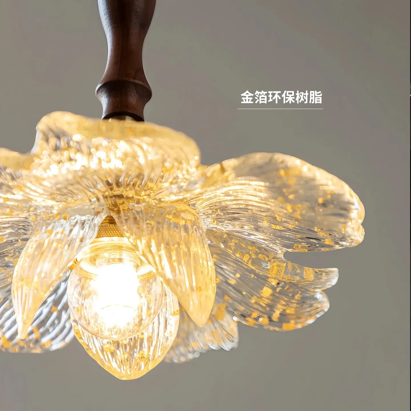 French antique bedroom bedside small chandelier petal resin gold foil walnut solid wood chandelier