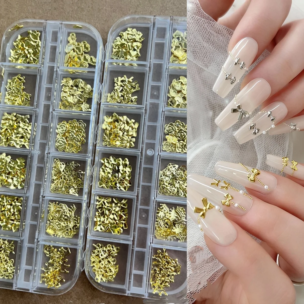 12 grilles/boîte Mini nœuds et couronnes Nail Art breloques alliage coeur camélia Rivets décorations d'ongles bijoux 3D pour bricolage manucure artisanat *