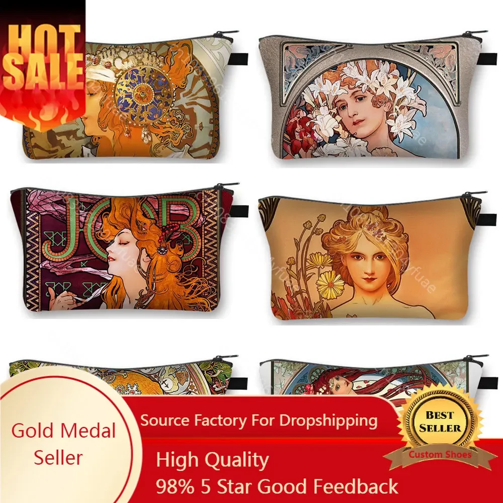 Oil Painting By Alphonse Mucha Cosmetic Case Women Beauty Makeup Bag Lipstick Napkin Storage Bags Ladies Toiletry Cosmetic Bag