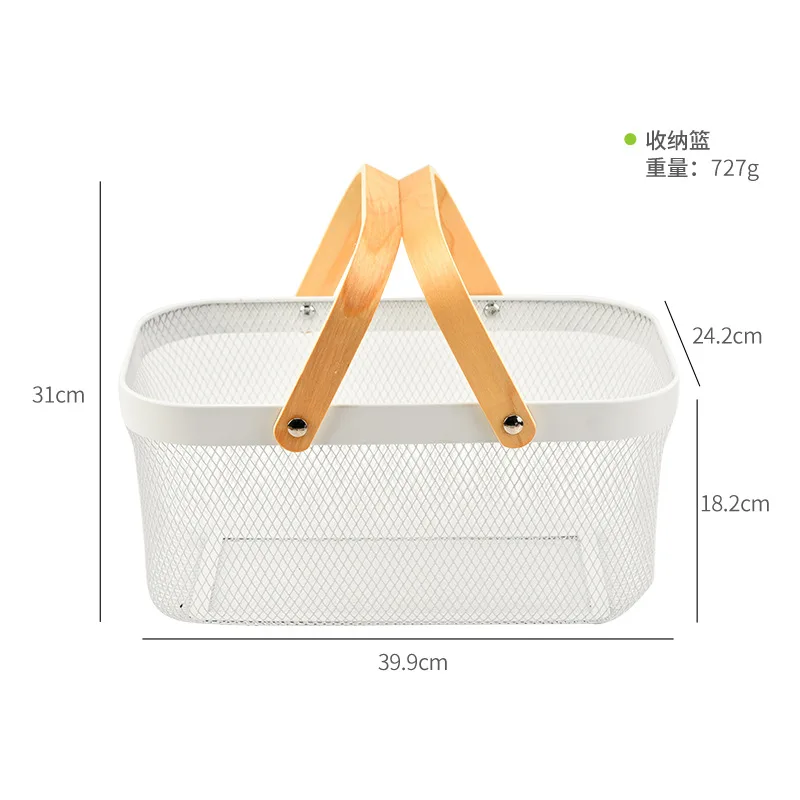 سلة فولاذية شبكية معدنية ، منظم تخزين الطعام السلكي بمقبض خشبي ، سلة مستطيلة للمطبخ #6