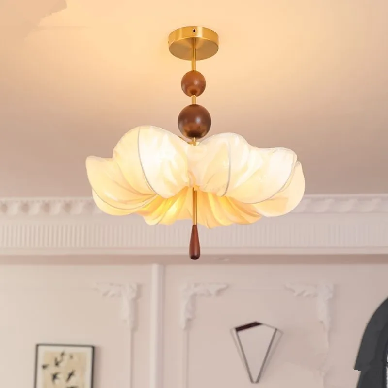 

French Medieval Bedroom Ceiling Lamp Cream Style Walnut Lotus Fabric Light Dining Room Living Room Cloud Half Chandelier